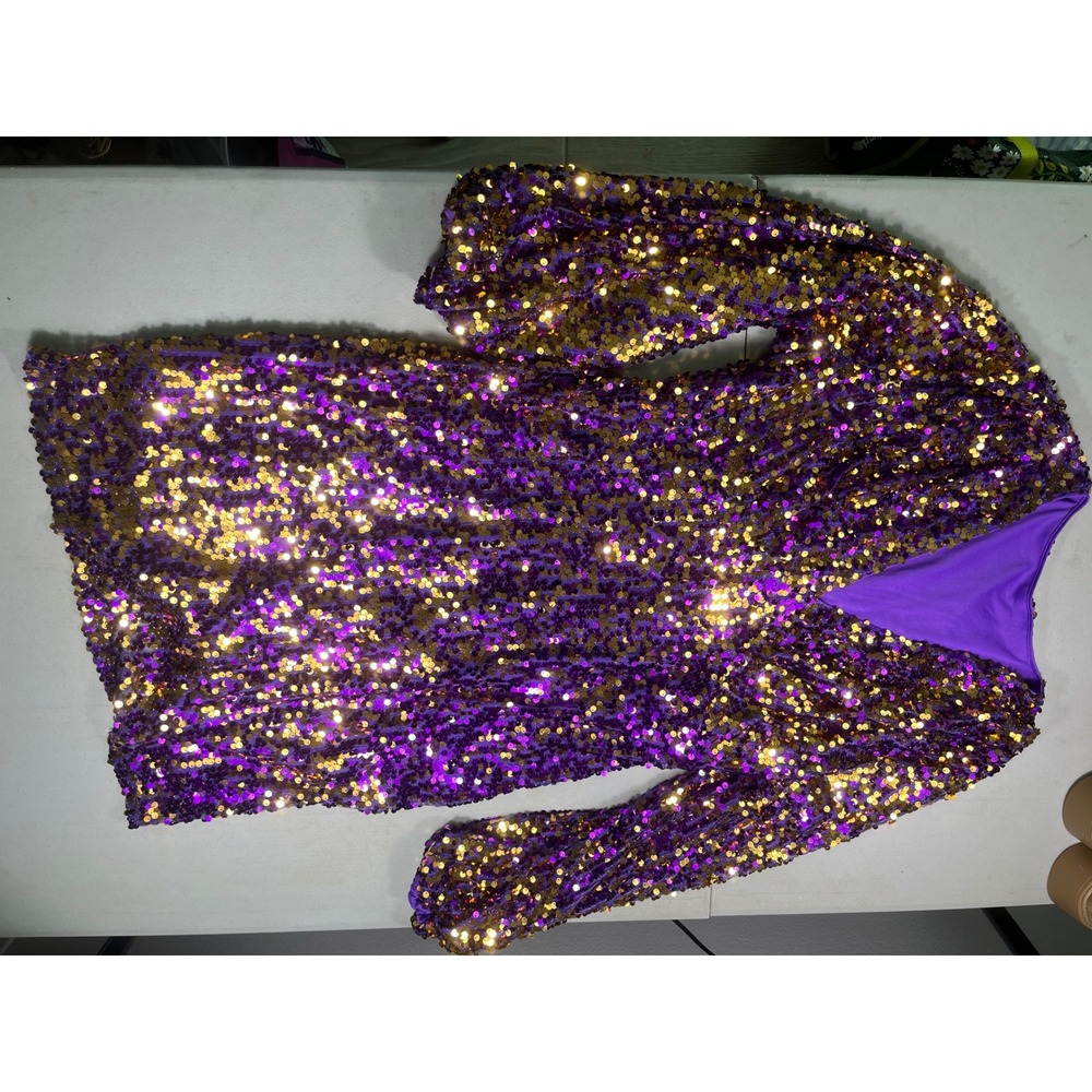 Curve 1XL Purple Gold Sequin Bodysuit Mini Dress Long Sleeve Party Mardi Gras